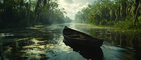 An empty wooden canoe floating on still water in a quiet swamp surrounded by dense greenery and misty morning light  
