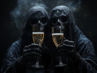 Two mysterious grim reapers in dark hooded cloaks holding champagne glasses in a smoky, gothic atmosphere with eerie lighting