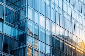 Obraz premium Modern glass skyscraper reflecting city skyline at sunset