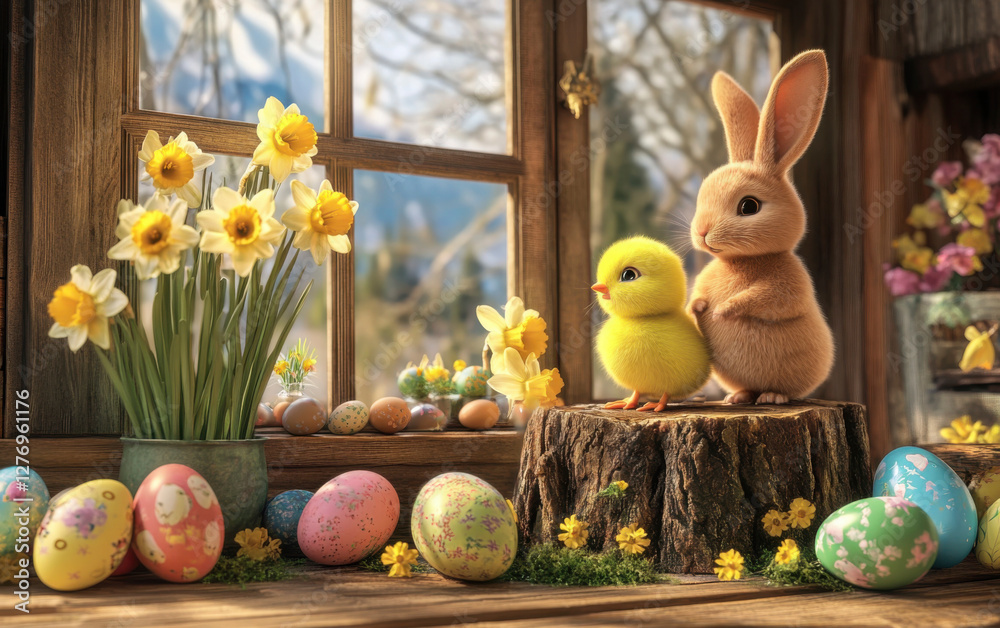 Aufkleber a cute little bunny and chick stand on an old tree stump, surrounded by colorful easter eggs in the 