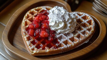 A heart-shaped Belgium waffle covered with warm strawberry compote