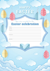 Customizable Easter Paper craft A4 invitation card with Happy Easter lettering, origami Easter eggs tied with ribbons to the clouds on soft blue background with cut out clouds