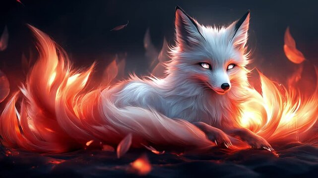 A sleek white fox glowing softly with silver light, its tails elegantly with red fire flames against a dark gradient background - Powered by Adobe