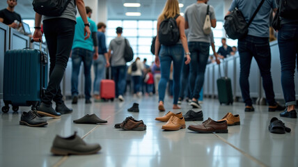 Passengers take off their shoes at security.