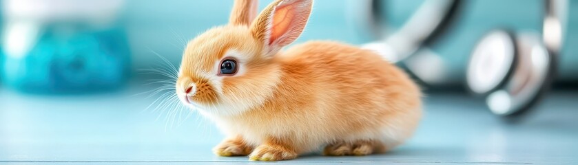 Obraz premium Adorable small rabbit relaxing peacefully on rustic wooden table