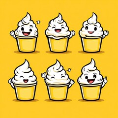 Cheerful ice cream characters line up against a bright yellow background, ideal for children's illustration