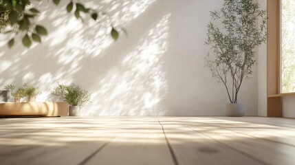 Clean, minimalist living room with natural light. Wood flooring, white walls, and large sliding glass doors.