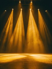 Bright stage lighting with four spotlights on black background.