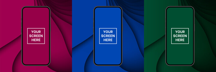 Mockup of a phone screen. Green, blue and red backgrounds with abstract waves. Advertising on a smartphone display. Device front view. 3D mobile phone. Cell phone