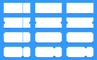 Set of white ticket mockups with ruffle edges and shadows. Empty template. Concert, movie or theater ticket. Boarding blank, lottery, sale coupon