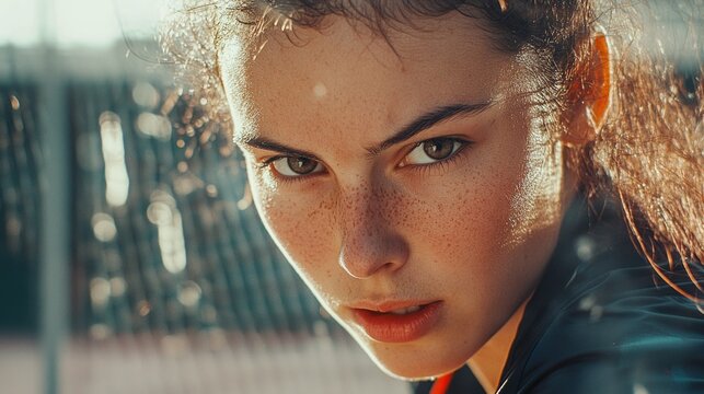 Professional athlete, female tennis player with intense gaze and focused expression.