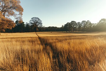 Serene autumn landscape of a golden field with tall grass and distant trees under a clear sky