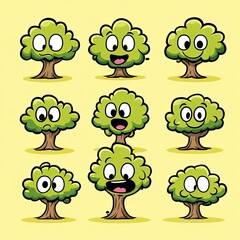 Obraz premium Comic tree characters with expressions, lined on a yellow background for educative use