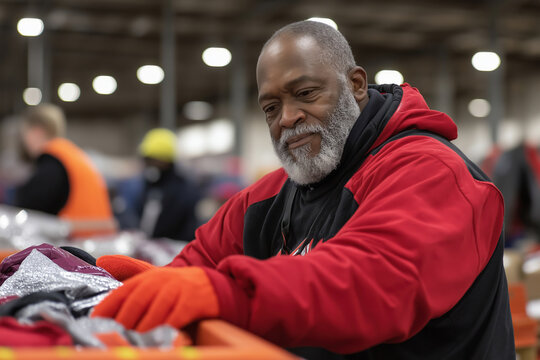 Community member sorting clothes in a donation center during the winter season