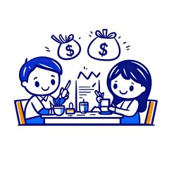 Couple calculating income with money bags and profit chart in the background, for financial planning