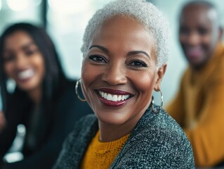 Professional older woman smiling broadly, confidently posing with diverse colleagues.