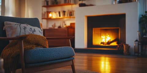 A warm, inviting living room with a fireplace and a comfortable sofa.
