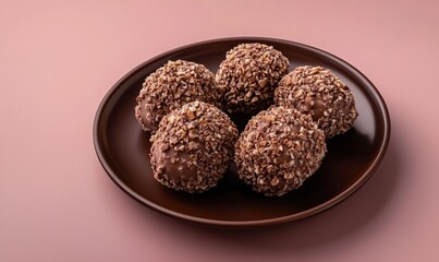 Delicious kartoshka cake shaped like small potatoes on a dark plate with a pink background