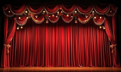 Elegant red stage curtain adorned with warm lights for theatrical performances and events