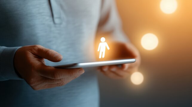 Closeup of hand holding mobile phone displaying person icon on screen