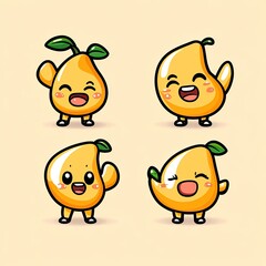 Cute mango characters waving. Cartoon fruits with happy expressions on a simple background for children's book