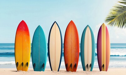 Colorful surfboards lined up on sandy tropical beach with ocean waves in background