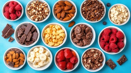 A colorful assortment of snacks including fruits, nuts, and chocolates arranged on a blue background