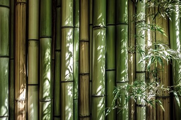 Obraz premium Sunlight filters through a dense grove of bamboo stalks