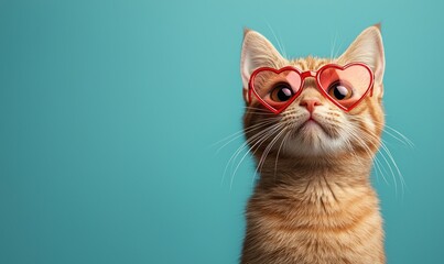 Cute cat wearing red heart-shaped sunglasses against a blue background captures joyful moments of pet charm