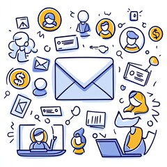 Digital communication concept Email message in the middle, with icons of video calls around