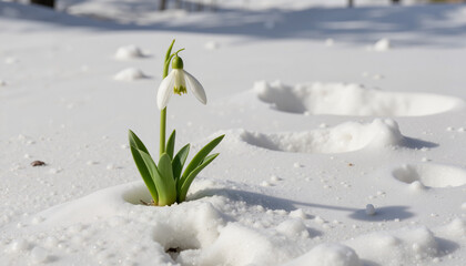 Snowdrop flower blooming through melting snow, symbol of renewal