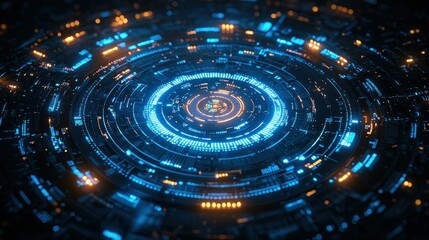 Futuristic circular technology interface glowing with blue and orange lights