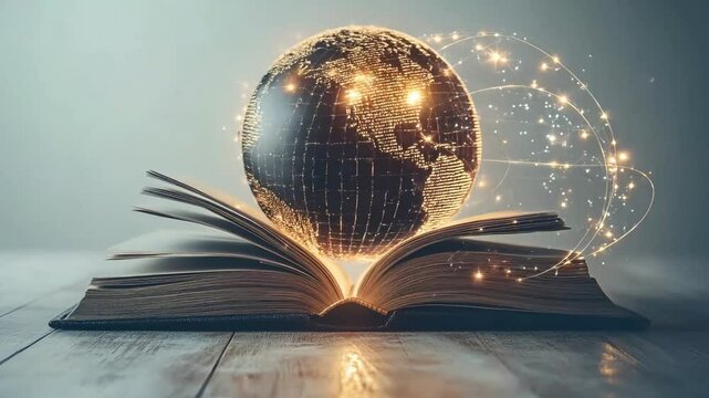 A glowing digital globe emerging from an open book, symbolizing universal access to education through technology. Representing global learning, innovation, and knowledge connectivity.