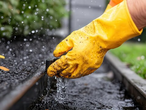 Plumber wearing waterproof gloves, using a pipe clamp to stop a major household water leak