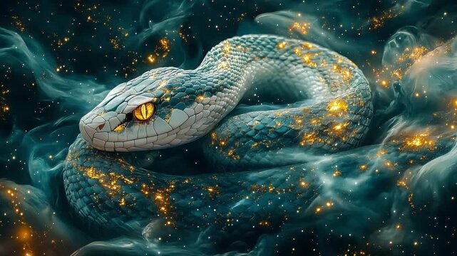 a viper snake serpent zodiac with glowing golden accents on its scales, set against a cosmic or nebula space cosmic venom background. The eyes are particularly striking, with a luminous golden hue