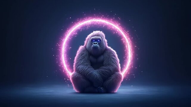 A futuristic gorilla with glowing eyes sits calmly within a neon energy ring, symbolizing power, intelligence, and mysticism in a surreal, sci-fi-inspired digital artwork.