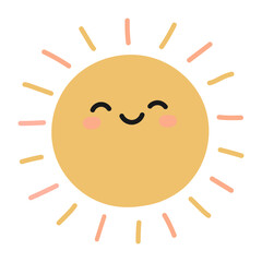 Cute sun cartoon character for kids isolated on white background. Smile. Boho baby elements. Flat style. Vector illustration.