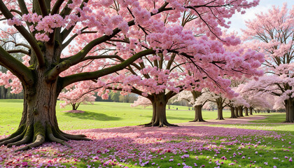 Naklejka premium Cherry blossoms in full bloom with petals falling, spring beauty