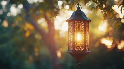 Ornate Lantern Illuminated by Soft Sunset Glow in Natural Setting