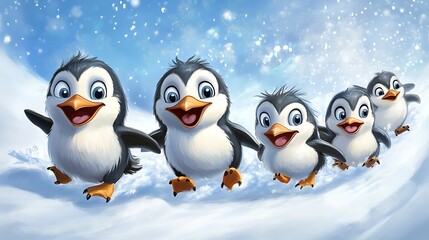 Fototapeta premium A group of penguins sliding on their bellies