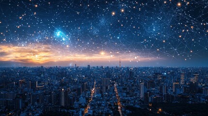 Obraz premium Futuristic cityscape at night, network connections, sunrise, aerial view