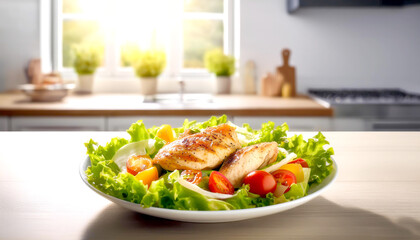 Salat mit Hähnchenbrut in einer Küche 