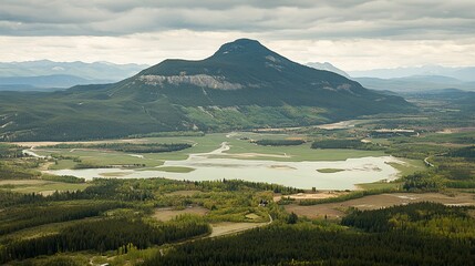 Fototapeta premium Mountain Peak Overlook of Valley Lake and Farmlands