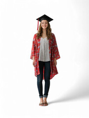 Full-Body Portrait of a Kazakh Asian Teenage Girl in Graduation Gown and Cap, Isolated PNG