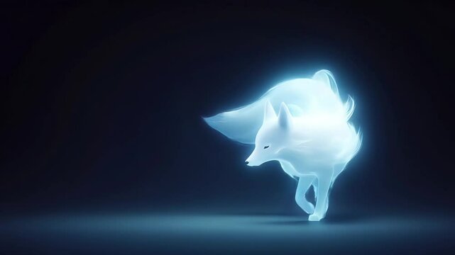 A mystical silver fox surrounded by soft blue and white foxfires, walking gracefully through night and turning around. The scene feels magical and serene