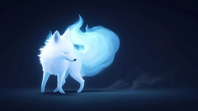 A mystical silver fox surrounded by soft blue and white foxfires, walking gracefully through night and turning around. The scene feels magical and serene