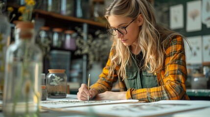A scientific illustrator sketching or painting a detailed image of a plant or animal specimen in studio with art supplies, reference books