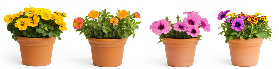 Fototapeta premium Collection of colorful potted flowers, Colorful Gerbera Daisies, on White Background
