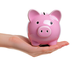 A person hand holding a pink piggy bank isolated on white background.