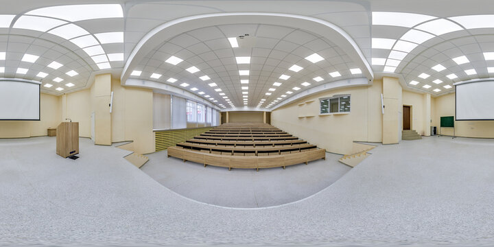 full seamless spherical 360 hdri panorama view in modern empty conference and in a huge lecture hall for students in equirectangular projection, AR VR content